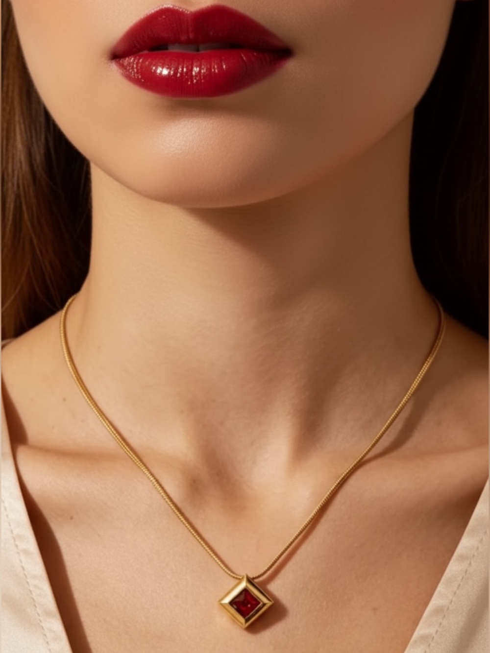 18k Gold Plated Necklace with Ruby-Red Square CZ Gemstone Pendant. New.